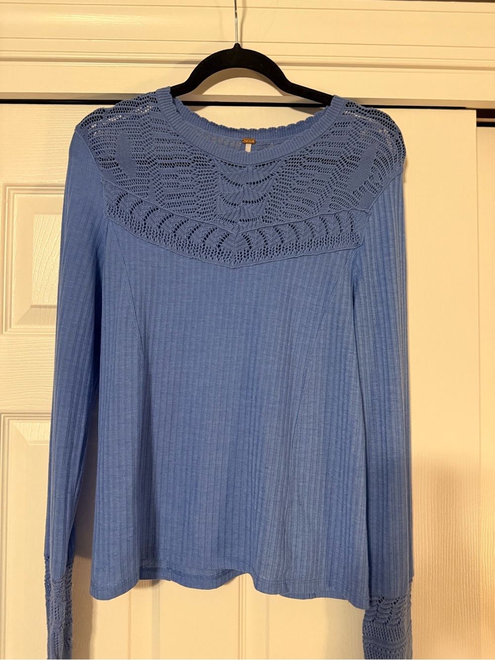 Free People Light Blue Ribbed Long-Sleeve Top with Crochet Yoke